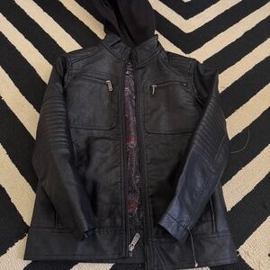 Boys Leather Bomber Jacket with Hoodie Sz 8
